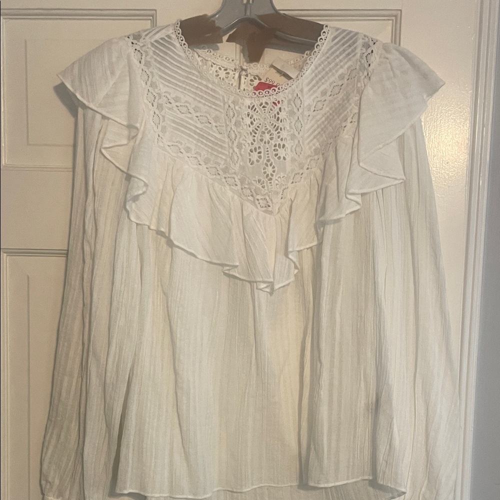 Rebecca Taylor White Crochet Yoke Ruffle Blouse